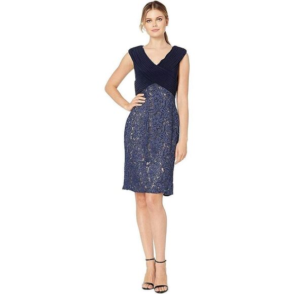 New Alex Evenings Sequin Embroidered Portrait Collar Sheath Dress in Navy 14 - Picture 1 of 5